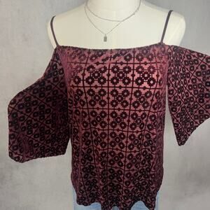 Burgundy Cold Shoulder Semi Sheer Boho Top Size Medium